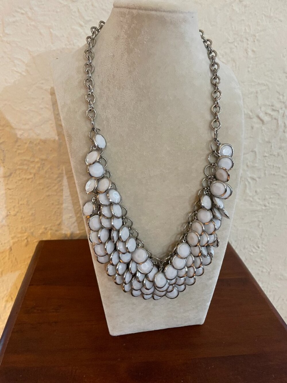 Silver Tone White Resin Bib Statement Necklace 22" Chunky